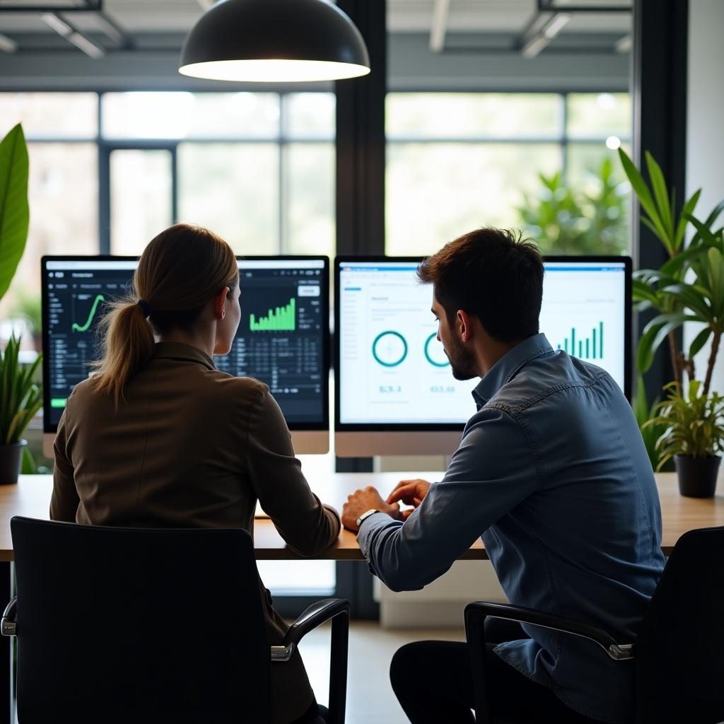 Two individuals work together at a modern office table. They focus on computer screens showing graphs and analytics. Natural light illuminates the space, with plants present. The scene emphasizes teamwork and productivity in a contemporary atmosphere.