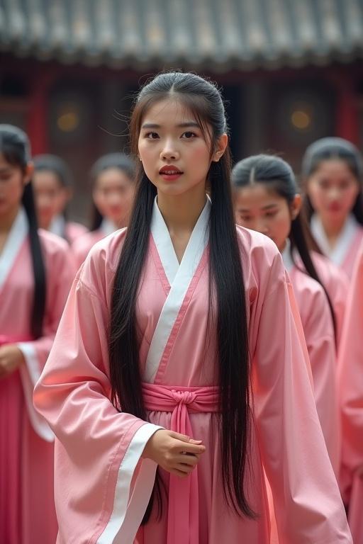 Attractive woman wearing pink silk hanfu. Long hair in pigtails. Surrounded by women in similar attire at a Chinese castle.