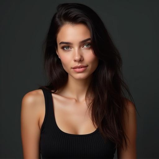 Portrait of a woman with long dark hair. She wears a black ribbed tank top. Woman has a neutral expression. She is looking directly at the camera. Background is a plain dark color.