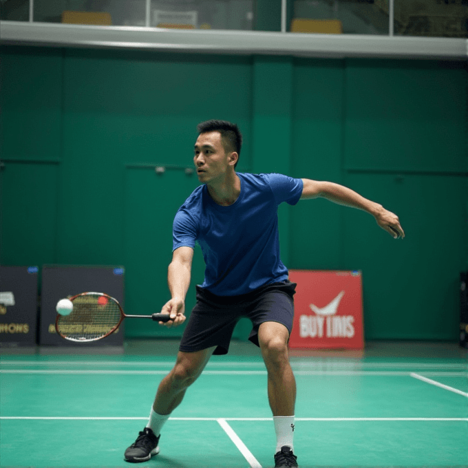 A badminton player in a blue shirt and black shorts moves quickly to return the shuttlecock in an indoor court.