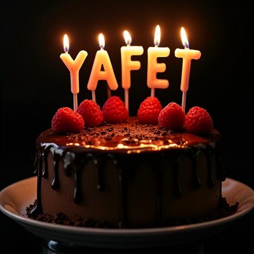 Beautifully decorated chocolate birthday cake with glossy frosting. Topped with fresh raspberries and candles spelling 'YAFET'. Dark background creates intimate atmosphere. Focus on cake details and candlelight.