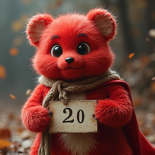 A cute red creature with fluffy fur and big eyes holds a sign with number 20. The setting has autumn leaves with a cozy atmosphere, evoking a sense of celebration. The creature wears a scarf.