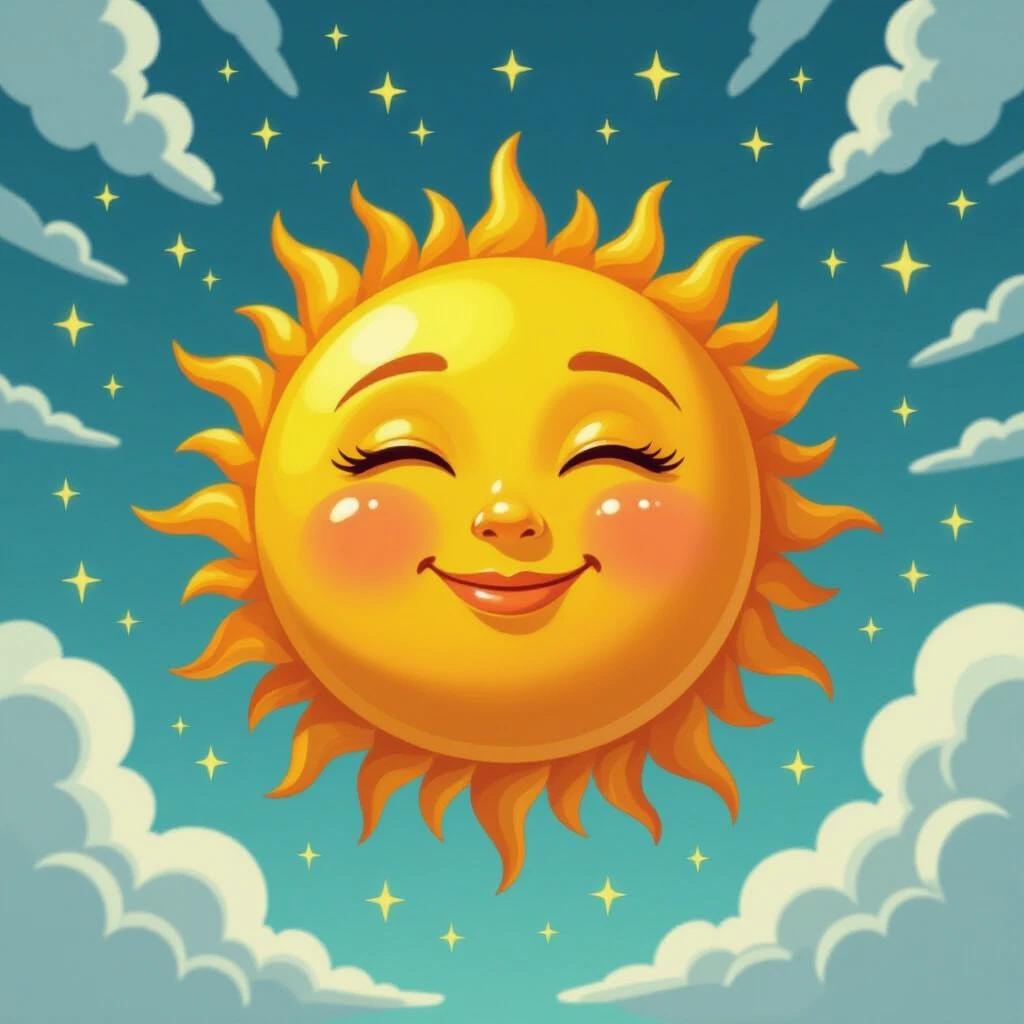 Drawing of a bright yellow sun with a smiling face. Sun has rays extending outward. Background features light clouds and a blue sky. Illustration exudes happiness and warmth.