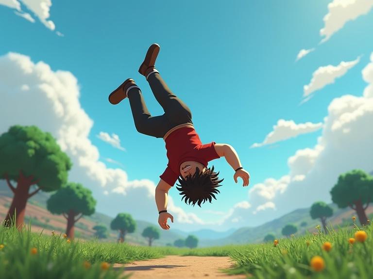 Thumbnail illustration for a Roblox ARPG game. Landscape setting with a character doing a backflip. Character's legs are up and head is down.