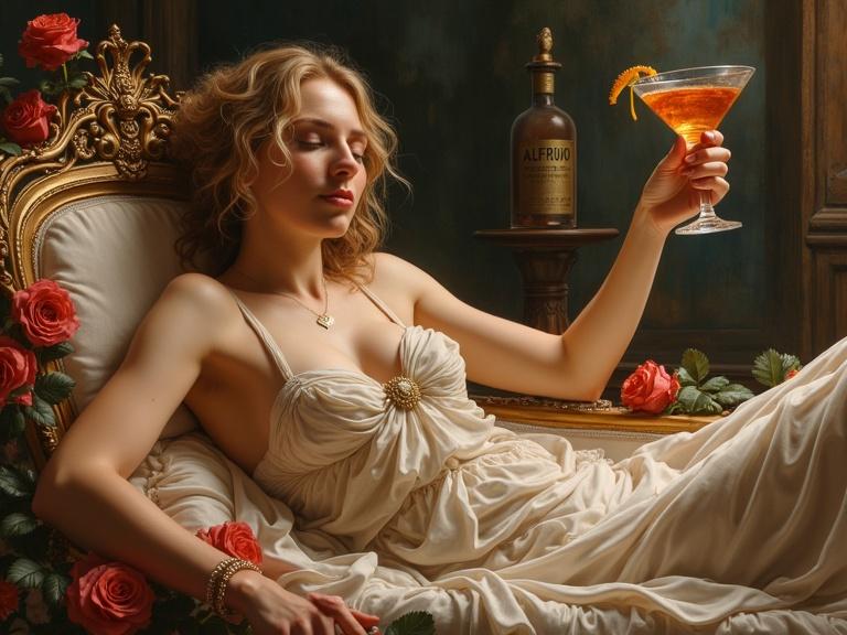 A Renaissance-style painting with a modern goddess. She reclines in a luxurious spa setting surrounded by roses. An apothecary bottle labeled 'ALFRUNO' is present. The goddess holds a cocktail glass making a toast. The scene features opulence reminiscent of Botticelli and Michelangelo, combined with modern elegance.