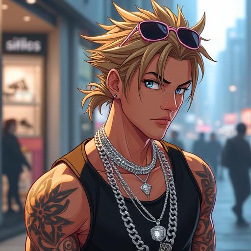 Anime style character in hip hop streetwear inside modern store. Handsome young man with silver eyes and light brown spiky hair. Features tattoos and expensive jewelry. Shopping vibe in Ginza. Morning setting.
