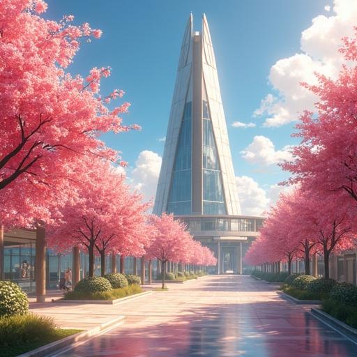 Anime interpretation of a summer scene in a semi-futuristic business district with cherry blossoms and modern architecture