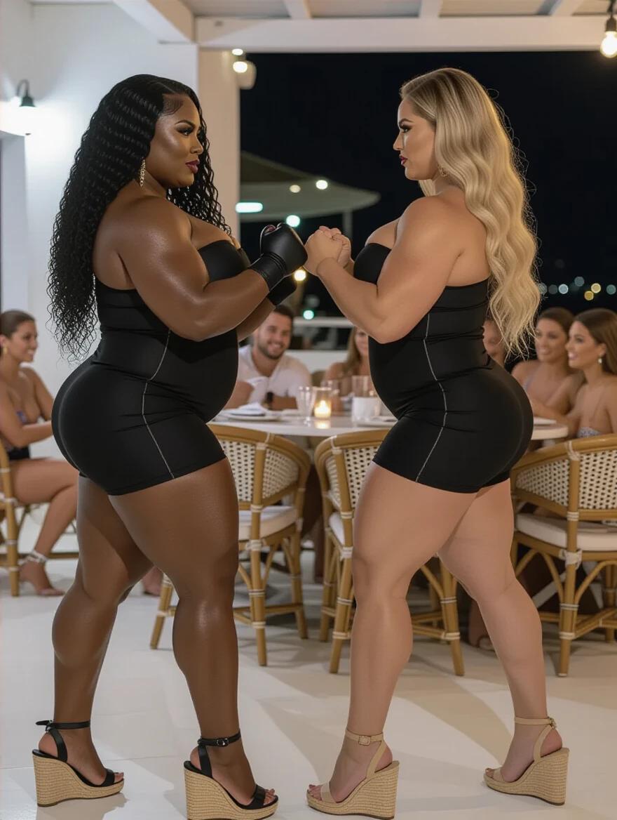 Two female bodybuilders with impressive physiques prepare for a fist fight in a Mykonos bar. One has dark skin with long black curly hair while the other has light skin with long blonde wavy hair. Both wear form-fitting black dresses and high espadrille heels. The setting is lively with other people in the background, creating a social atmosphere in the evening light.