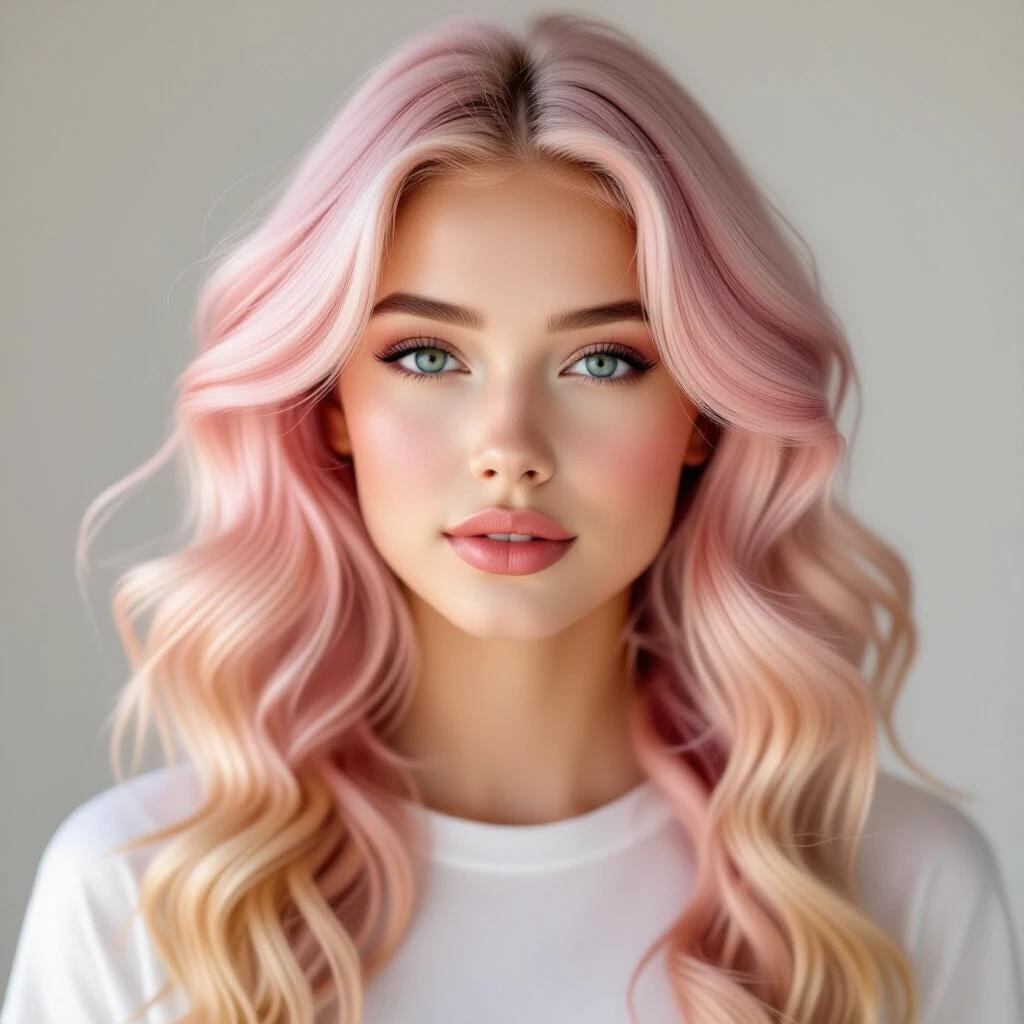 Portrait of a confident female model with long curly pink hair.