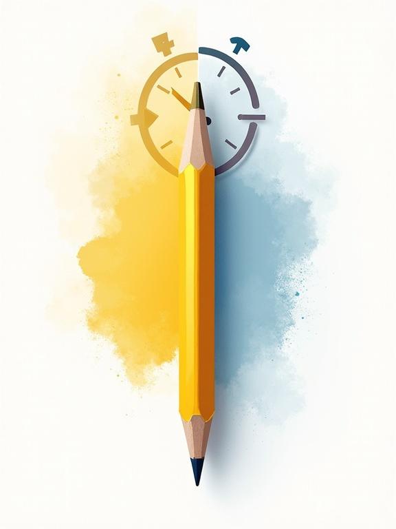 Illustration of a split pencil representing fast and slow thinking. One half is vibrant yellow with a sharp tip showing speed, the other half is cool blue with a rounded tip signifying reflection. Incorporates fast and slow time symbols, contrasting textures, and a clean minimalist background.