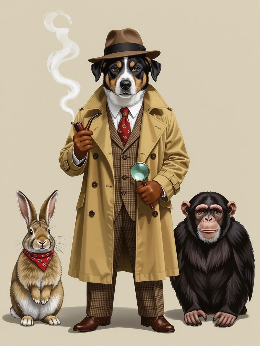 A full-body portrait of a dog dressed as a detective in 1968 style fashion. The dog wears a trench coat, tie, and fedora. It holds a smoking pipe and stands confidently. Beside the dog are a rabbit and a chimpanzee. The scene has a 1960s aesthetic with muted retro tones and vintage textures. Ultra-realistic rendering in 2K quality with a vertical aspect ratio.