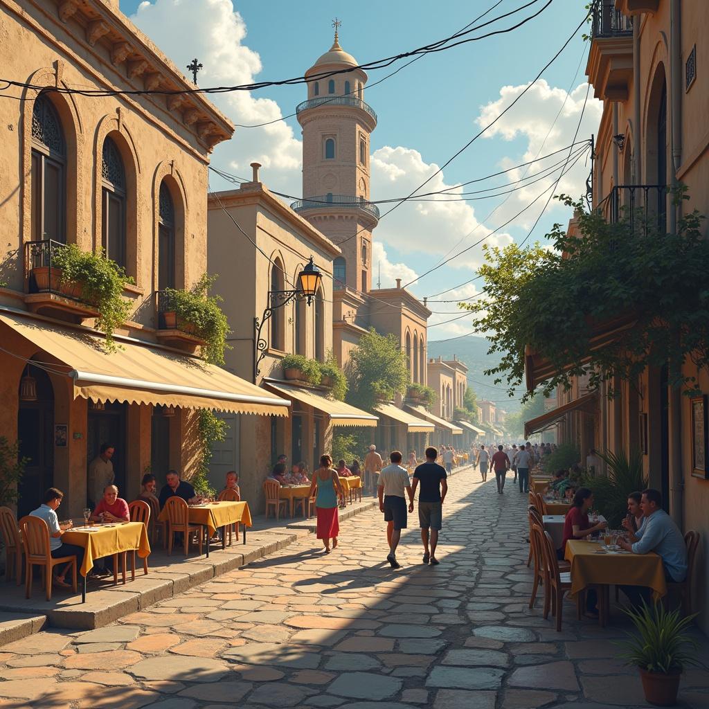A vibrant street scene. People dine at outdoor cafés. Cobblestone path leads through buildings. Warm sunlight casts soft shadows. Trees and plants add greenery. A mix of locals and tourists creates a lively atmosphere.