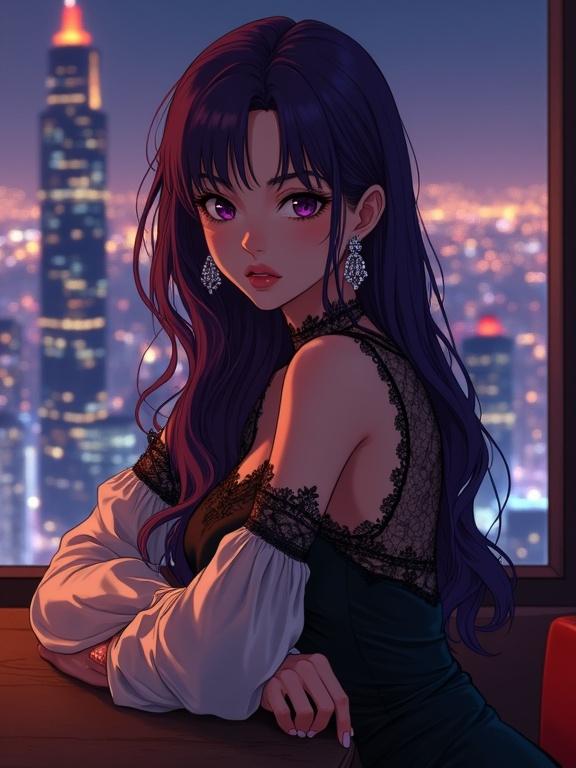 A beautiful woman with dark violet hair seated at a bar. She wears a black lace and silk blouse with intricate details and sheer white sleeves. Her expression is calm and mysterious. She has sparkling earrings. The background features a luxurious lounge with city lights at night. Warm ambient lighting sets a sophisticated mood. The art is in an anime style with realistic lighting.