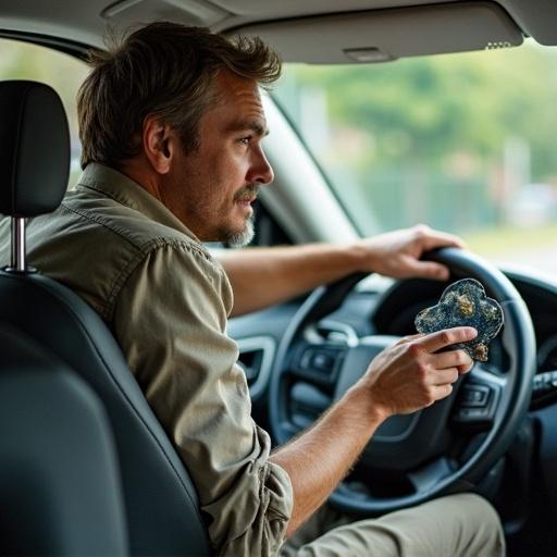 A man is driving a car with an unusual plate accessory shaped like a woman. His focus remains on the road while holding the accessory with one hand. The setting is inside a vehicle emphasizing automotive elements and safety.