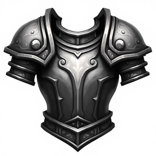 Icon of a rare breastplate. Black and white colors. Suitable for a card game. Size is 48 x 48 pixels. Inspired by World of Warcraft. Transparent background.