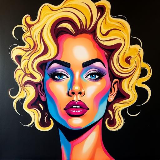 A close-up portrait featuring a colorful and geometric depiction. The subject has curly blonde hair. The style is vibrant Pop Art against a black background. Artistic approach is inspired by Andy Warhol.