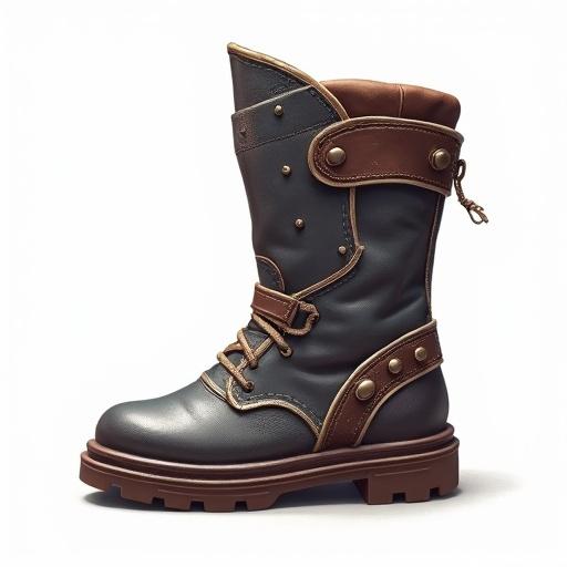 Armoured steel boots designed in ARPG style with a transparent background. Focus on detailed textures and colors. Showcase a rugged and stylish design without any background elements.