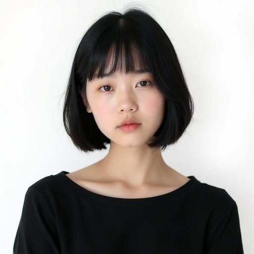 A young woman with short black hair styled in a bob cut is wearing a black top. She is standing in front of a white background, facing the camera directly. The scene has a simple studio setup that highlights her features. The composition is a close-up shot, focusing on her face and upper body with natural lighting and soft shadows. Her eyes are slightly closed, creating a serene mood.