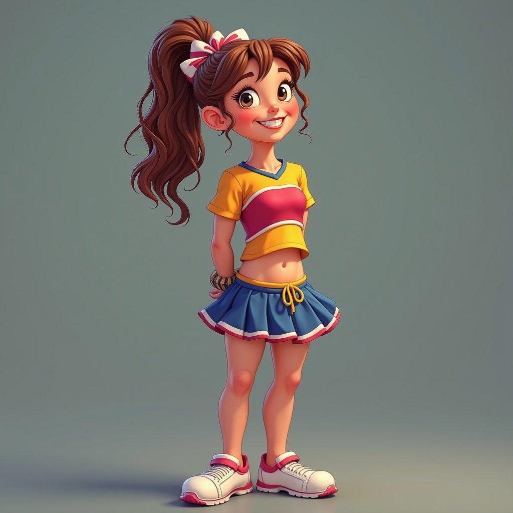 Cheerleader in colorful uniform appears happy with hands handcuffed. Bright and playful style used.