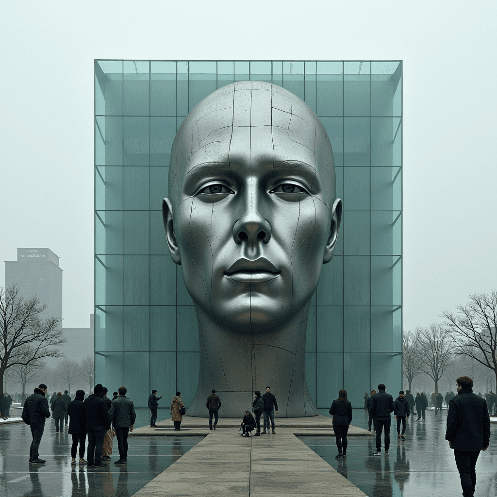 A huge metallic face sculpture stands encased in a glass building, surrounded by people and trees on a misty day.