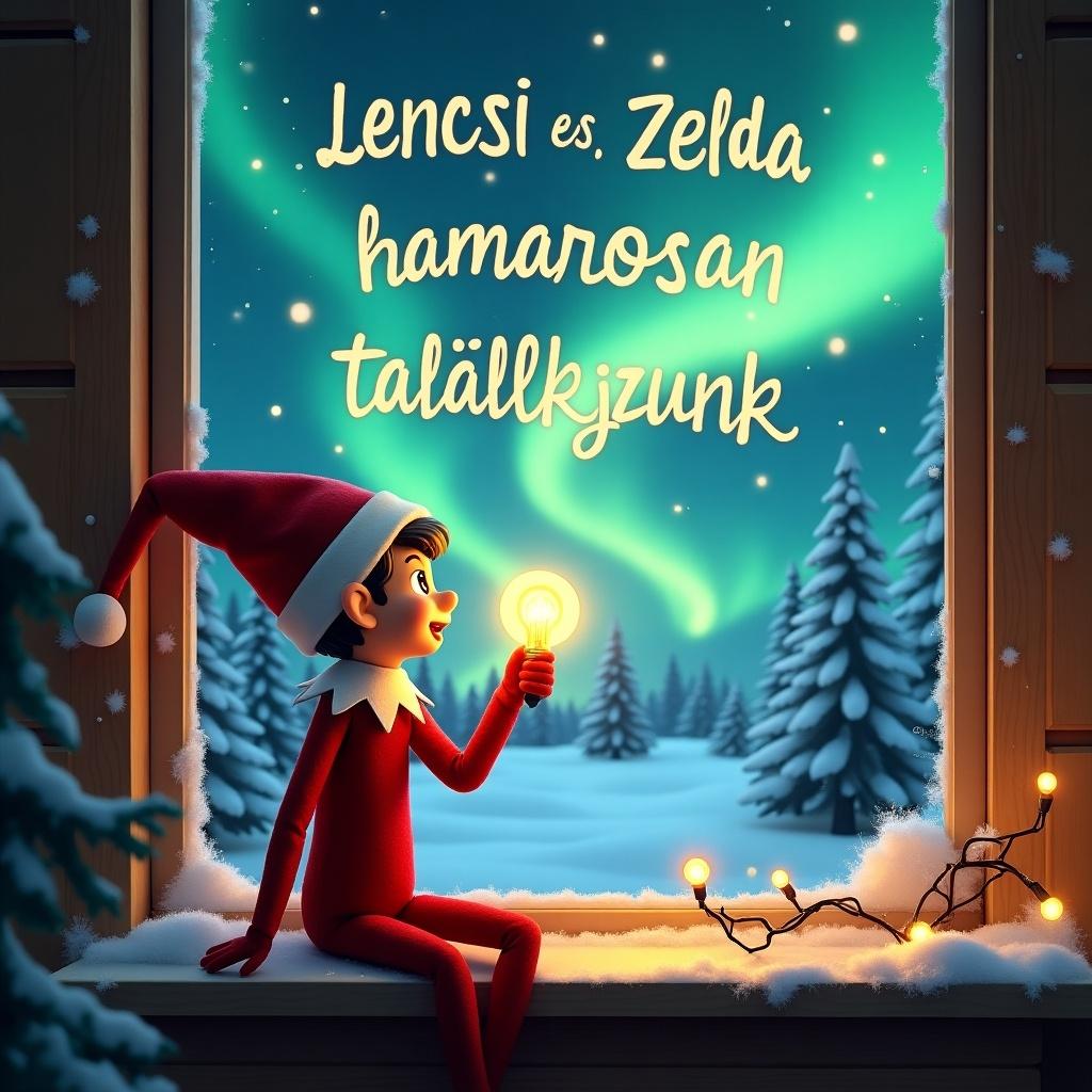 A cheerful elf on a shelf sits by a window during winter, gazing at the stunning northern lights. The elf is excitedly holding a bright light bulb, conveying a sense of wonder. Above the scene, handwritten text glows warmly, reading 'Lencsi és Zelda - hamarosan találkozunk.' The window ledge is adorned with snow and holiday decorations, creating a cozy ambiance. Snow-covered trees in the background enhance the magical feeling of the festive season, capturing the essence of Christmas anticipation.