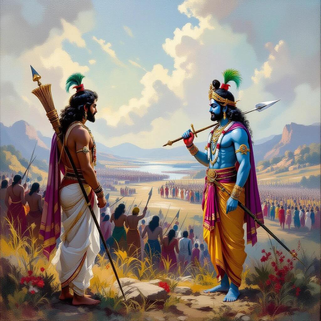 Create an oil painting of Arjuna and Krishna observing the battlefield. Both characters are lifelike dressed in traditional attire reflecting their divine status. Surrounding warriors and a vast battlefield are depicted in the background under a sky filled with soft clouds.