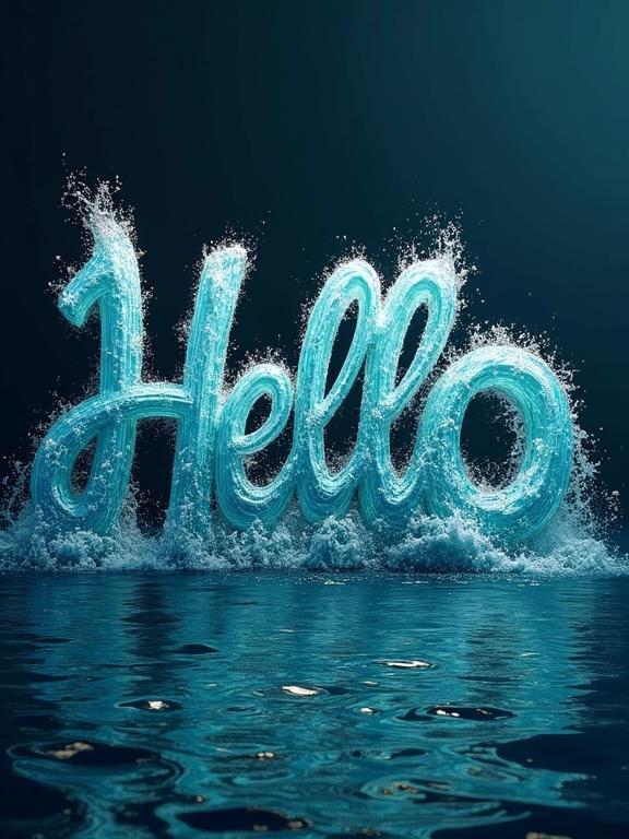 Photograph depicts the word Hello formed from ocean waves. Each letter made from turquoise and sapphire waves. Letters splash and highlight fluid motion. Dark blue ocean backdrop. Subtle lighting catches water's surface. Ethereal glow around word.