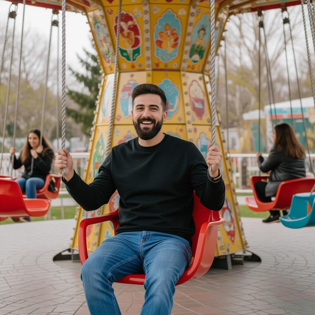 A person sits on a swing in an amusement park setting. Nearby is other amusement park activity. The design of the swings features colorful decoration. The atmosphere is lively and colorful. The background includes other attractions and visitors enjoying the park.