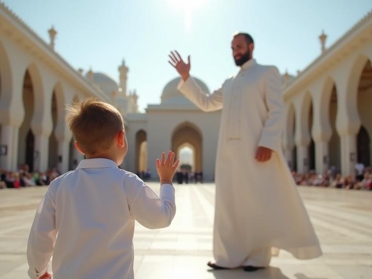 A child in a white outfit waves at a man in traditional attire who welcomes him in front of a large building. The scene depicts interaction and hospitality at a significant event.