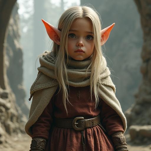 A young elf character with pointed ears wearing a skirt and gloves stands in a mystical forest setting. The background features ancient stone arches. The atmosphere is ethereal and enchanting.
