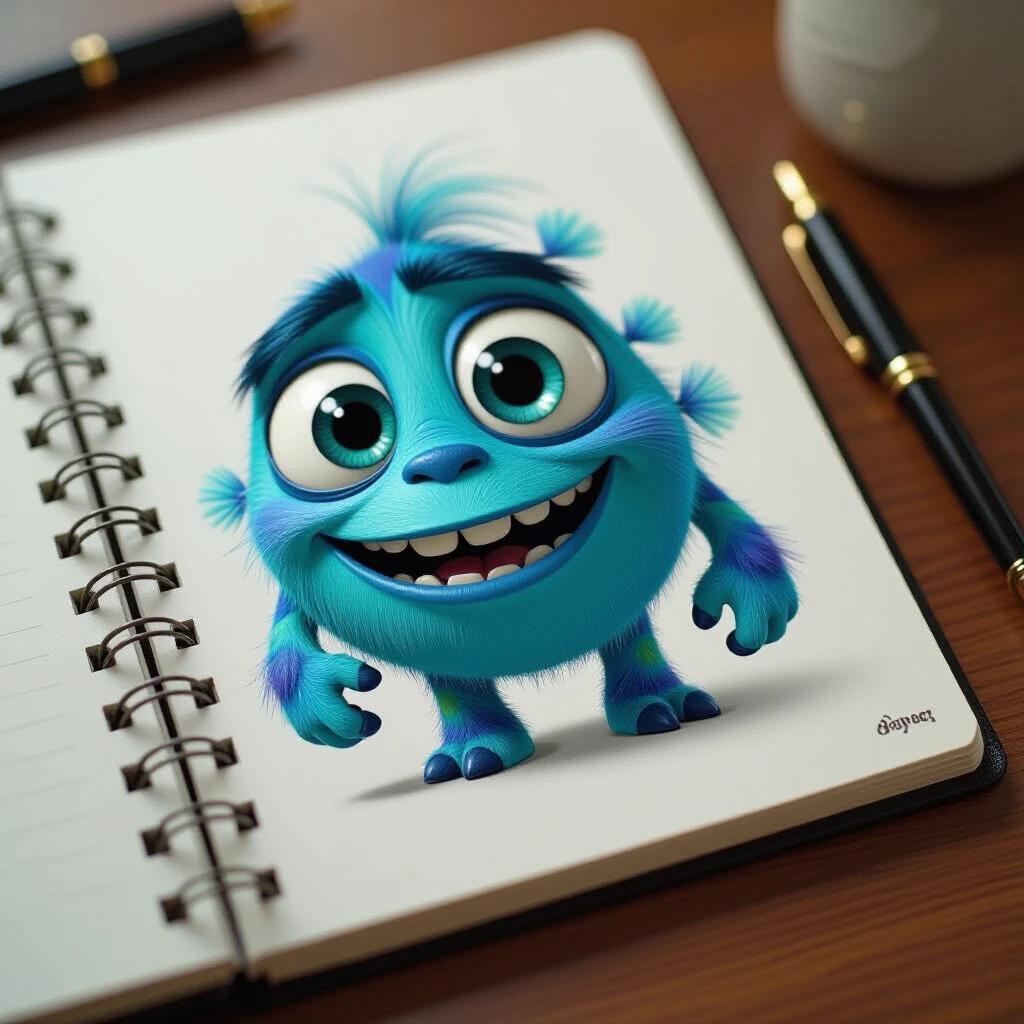 Stylized monster character on a notebook page. Bright colors dominate the design. Soft lighting enhances details. The monster has a round body with whimsical features. Pens sit beside the notebook close to a cup.