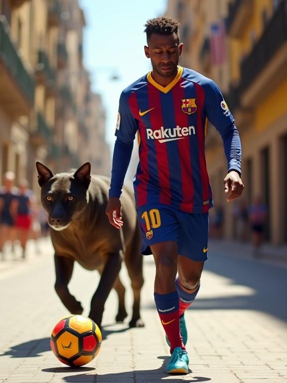 Photorealistic image of a football player in FC Barcelona kit walking on a vibrant street. A large, agile iberian lynx follows. Sunny, bright setting with high detail. Full body shot showing movement and energy.