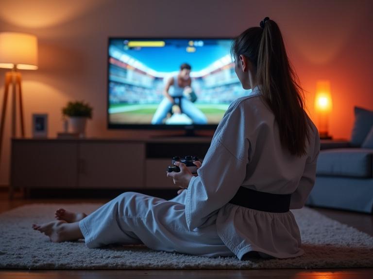 Female fighter wearing karate gi seated on floor. She plays a fighting video game. Holding a game controller. View from behind shows TV screen.