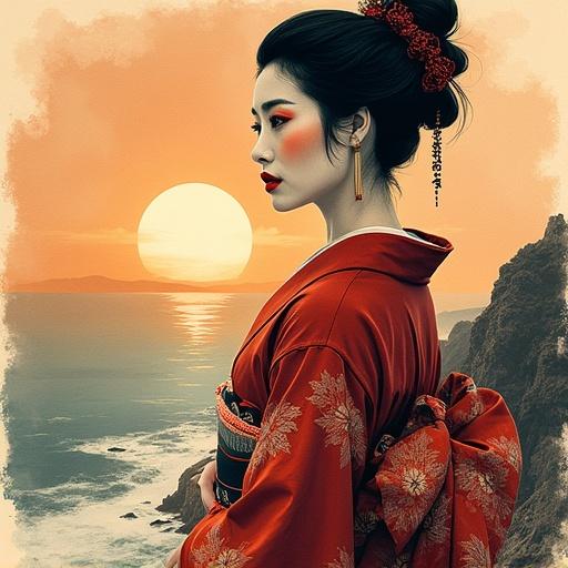 Closeup portrait of a Japanese woman wearing a silk kimono. She stands on a cliff overlooking the ocean at sunset. The painting has ink wash and sepia tones. Elegant design with henna style, emphasizing her dark eyeshadow and red lips. This is a silhouette art piece with an artistic flair.