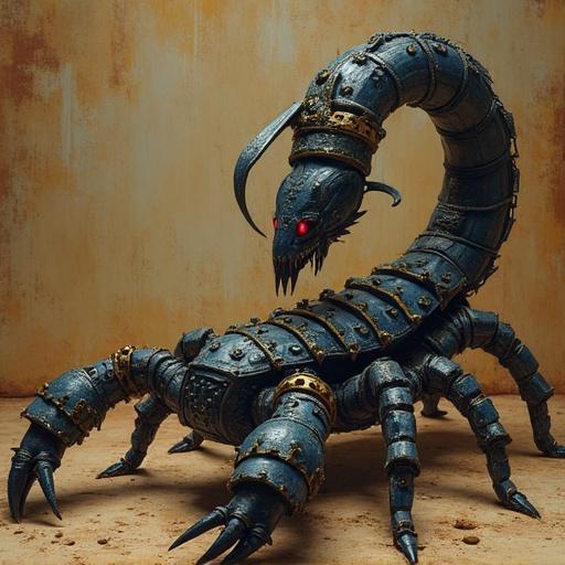 Giant mechanical scorpion inspired by Egyptian aesthetics with a grimdark style, featuring intricate metallic details and a menacing appearance.