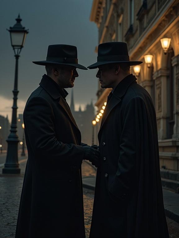 Private detectives confront villains in a moody urban setting with streetlights