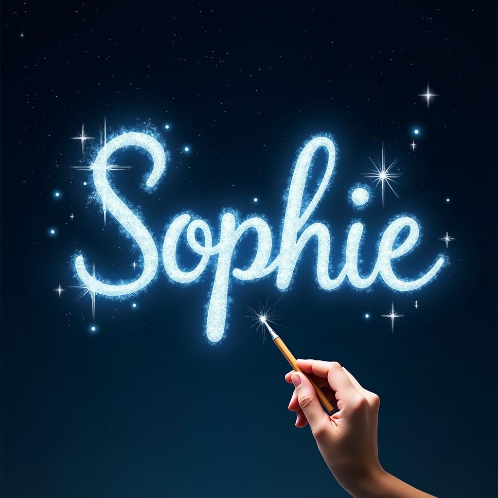 An elf uses a magical wand to write the name 'Sophie' in sparkling text. A dark starry sky serves as the background. The name has a glowing effect. The scene is magical and whimsical, suggesting a fantasy world.