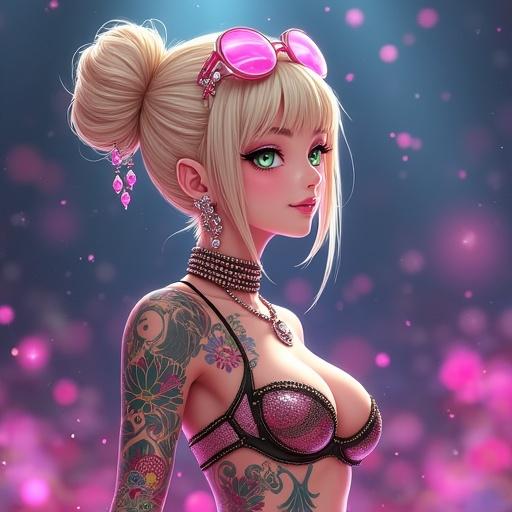 Anime character design featuring a beautiful woman with emerald green eyes and a light blonde French bun. She wears pink diamond jewelry and is in a luxurious concert stage setting. The character has traditional Japanese tattoos, muscular arms, and a cybernetic leg. She is dressed in edgy punk rock streetwear with diamond-encrusted sunglasses. The scene captures a summer concert atmosphere, emphasizing her as an A-list celebrity.