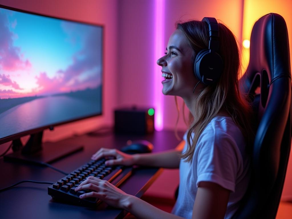 Girl sits at a gaming desk using a keyboard and mouse. She enjoys live streaming video games. The screen displays a beautiful sunset over a lake. Ambient lights create a vibrant atmosphere.