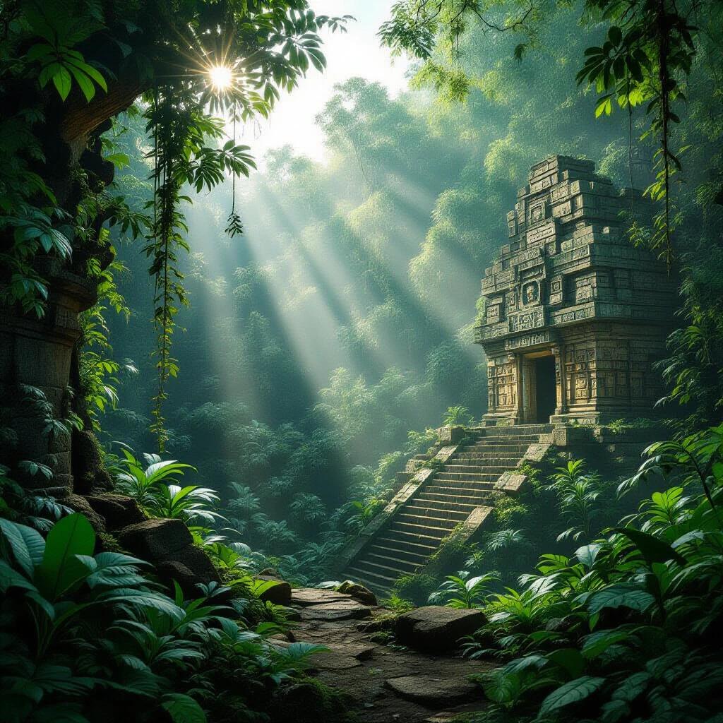 Ancient Mayan city lost in jungle. Lush green foliage surrounds temple. Sunlight streams through the tree canopy. Scene evokes mystery and beauty. Hyper-realistic and cinematic in quality. 8K resolution.