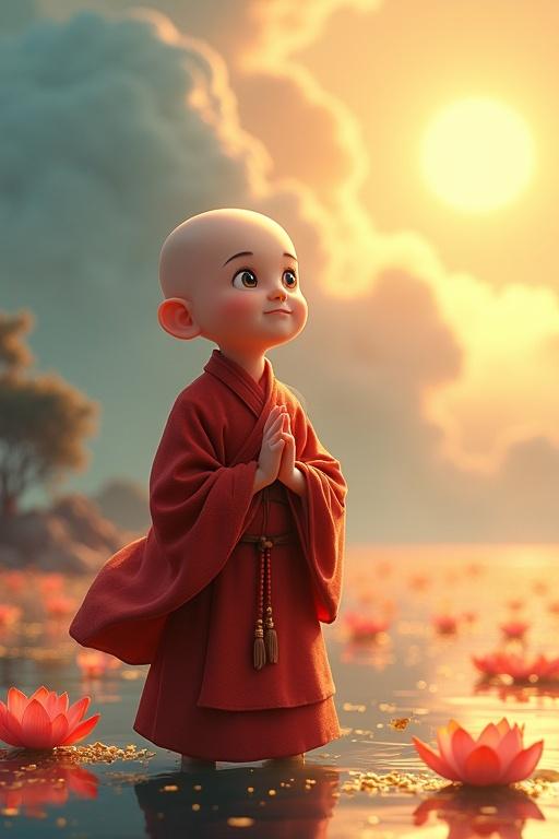 Chinese novice monk with large bright eyes looking up at Laozi. Hands clasped with prayer beads. Warm sunlight in mythical Eastern realm. Ink-wash gradient style. Ethereal clouds in background. Low-saturation hues with red-blue accents. Surreal Zen light. Combines Disney-Pixar style with dynamic realism. Monk occupies one-quarter of the frame with a playful expression. Detailed light-shadow contrast. Blurred background with lotus lake and light specks.