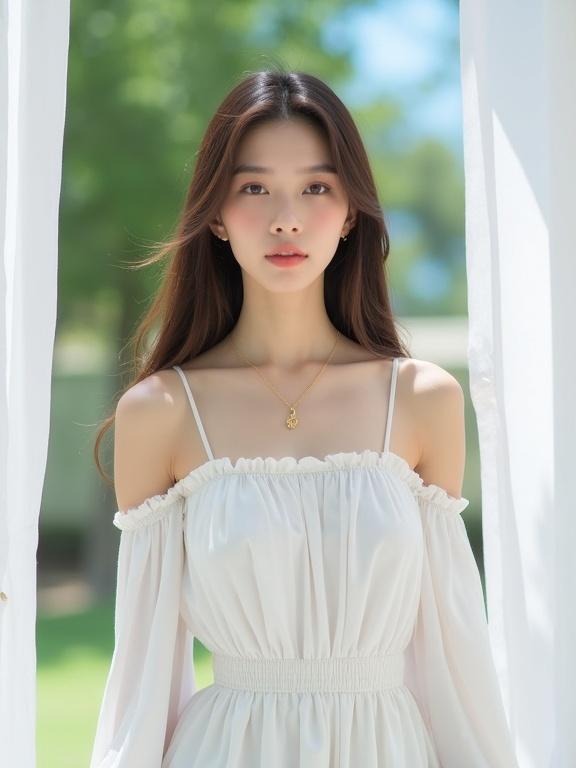 Photograph captures young Asian woman outdoors. She wears white off-the-shoulder dress with long sleeves. Her hair is long and brown with a neutral expression. Natural light illuminates the scene. Background features green trees and blue sky. White fabric drapes on either side of her. She wears a delicate gold necklace with a small pendant. Soft and natural colors create a casual atmosphere. Daytime setting enhances the relaxed vibe. Slightly blurred background adds a bokeh effect. Subtle shadows contribute to the calm mood. Textures appear soft. Medium shot in vertical orientation captures the elegance. Portrays peaceful and serene moment.