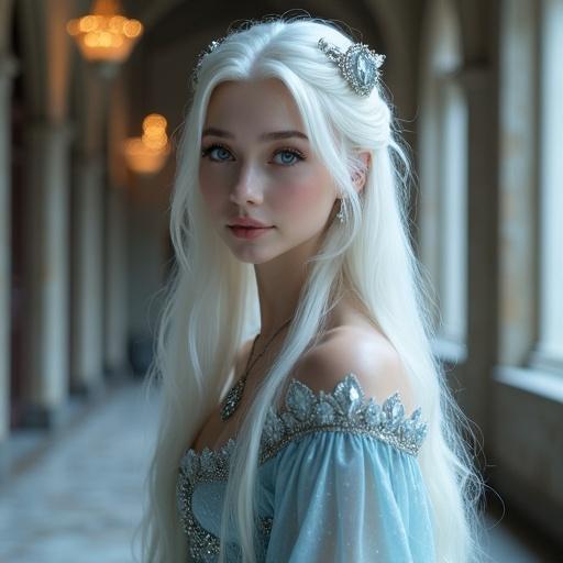 Adult woman with long straight platinum blonde hair. She wears an icy crystal hair ornament. Smile is calm and gentle. Skin is pale and smooth. Face features are delicate and symmetrical. Eyes are clear blue with a nurturing gaze. Gown is ethereal and elegant with translucent icy fabrics. Atmosphere is warm and graceful. Setting is a grand candlelit dining hall.