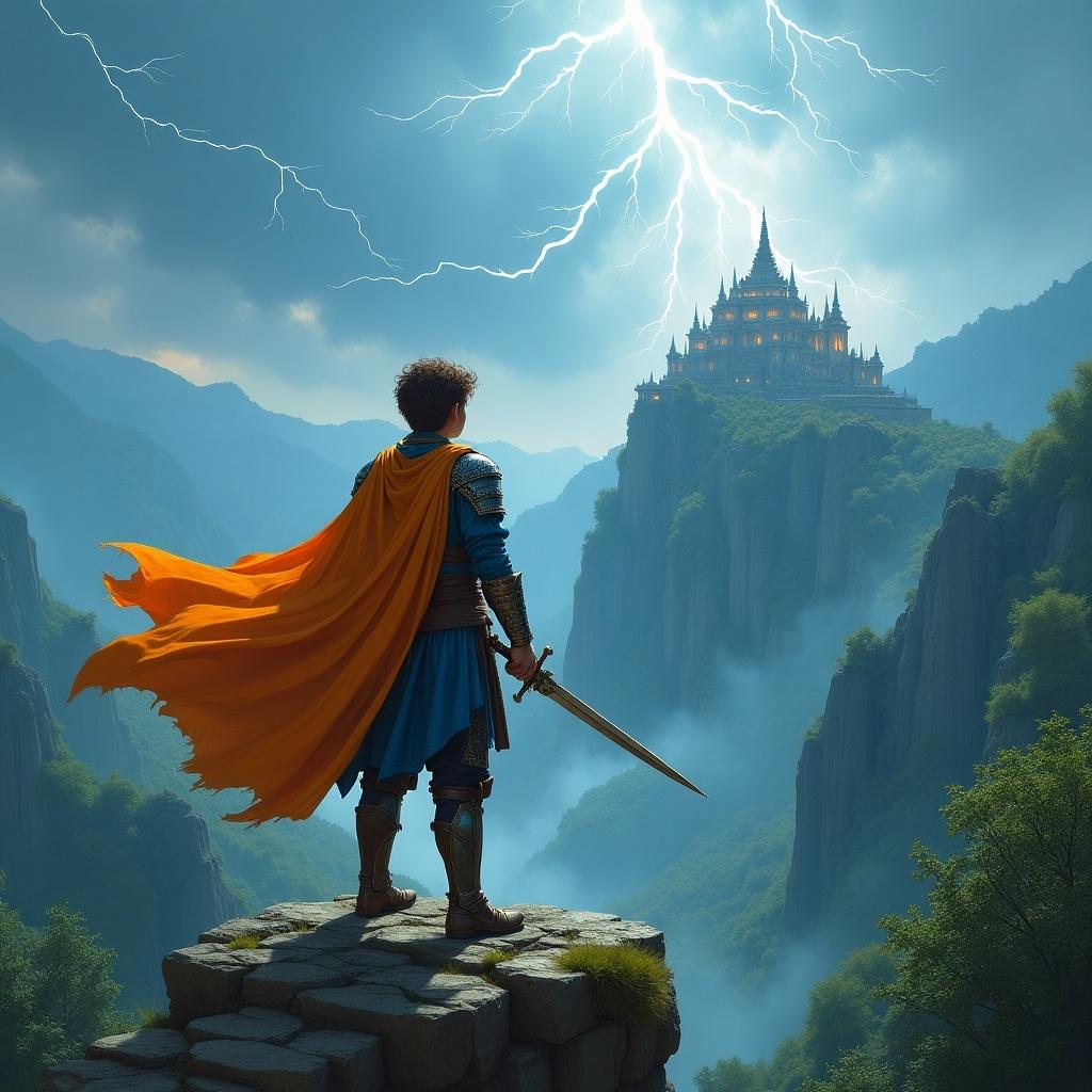 A young warrior stands on a cliff, gazing at a magnificent temple on a distant mountain. He is dressed in ornate blue armor with a flowing orange cape. The scene is set in an ancient kingdom, surrounded by lush green forests. Above, a dramatic lightning strike adds to the intensity of the moment. The warrior holds a sword firmly in hand, embodying courage and determination.