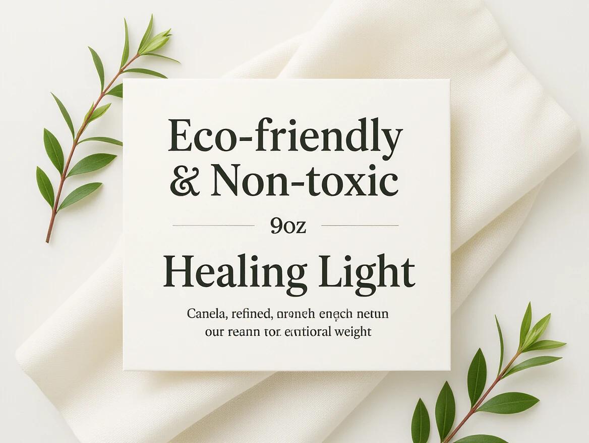 A label design on a white background featuring black text. The top line includes 'Eco-friendly & Non-toxic' and '9oz' in lightweight modern sans-serif in small caps. The bottom center displays 'Healing Light' in a larger refined serif with a clean high-contrast font. The label is on a soft fabric with green foliage accents for a luxury feel.