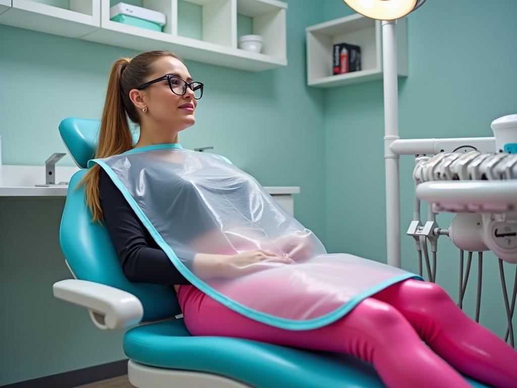 The image depicts a woman sitting in a dental chair at a dentist's office. She is wearing a clear protective apron and has a relaxed expression. The room is nicely organized with a soft teal color scheme and modern equipment. There are bright lights illuminating the space. The woman appears to be waiting calmly for her dental examination or treatment. The overall atmosphere is clean and professional, conveying a sense of safety and care in dental health.