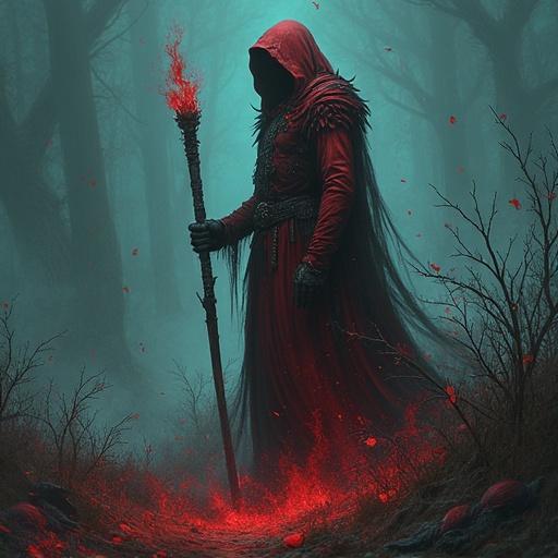 A robed figure stands in a dark, mystical forest. The character holds a glowing staff and has red accents in their attire. The background is shrouded in fog with ethereal red elements.