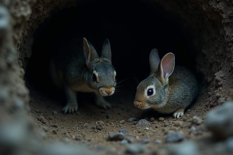 Two rabbits inside a dark cave with a narrow tunnel. Focus on their expressions and fur texture