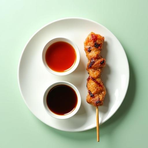 Minimalist food scene with a white round plate featuring a single skewered grilled chicken. The chicken is golden brown with grill marks. There are two small dipping dishes beside the skewer; one has dark Japanese teriyaki sauce and the other has vibrant red-orange Thai sweet and sour sauce. The background is soft light green. The lighting is gentle to enhance food details. The image is captured from a top-down angle.
