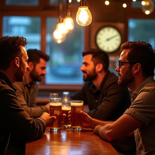 Four guys enjoying beers in a bar. Analog clock shows 2:10 a.m.. Nighttime visible through the windows.